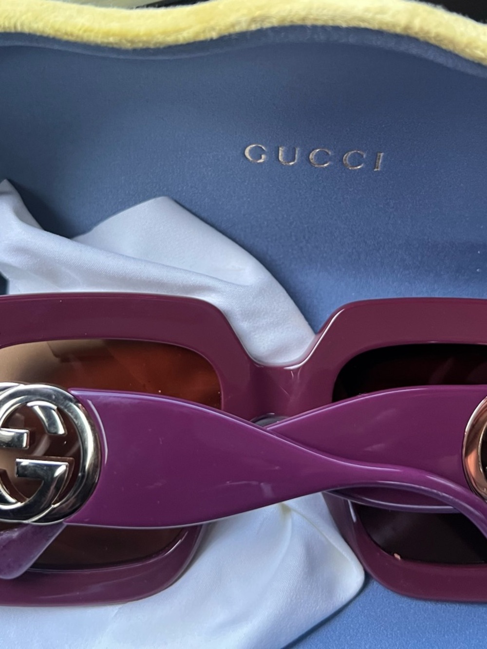 Gucci Women's Purple Rectangle Sunglasses with Gold Interlocking G